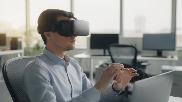 Office worker in medium shot immersed in a VR risk training demo headset on while desks and computers appear softly blurred behind.