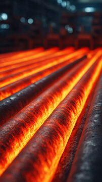 Hot steel glowing metal steel billet rolling mill industrial furnace metallurgy rare earth minerals support modern alloy processing factory line