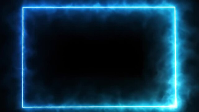 Futuristic blue neon frame with glowing light and smoke effect on a dark background for digital presentation.