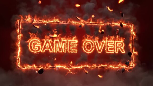 Dramatic game over text written in burning fire and flames with glowing sparks for gaming concepts.
