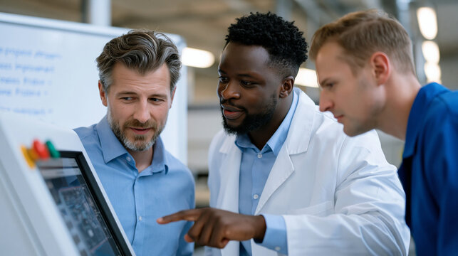 Surface-mount technology line supervisor pointing out a solder bridging defect on a board under an automated optical inspection display to a technician, process improvement notes on a whiteboard beh