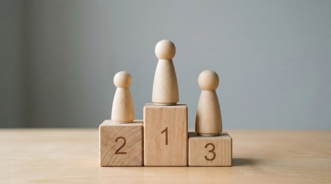 Wooden peg dolls standing on numbered podium blocks representing business competition ranking and achievement in a studio photo