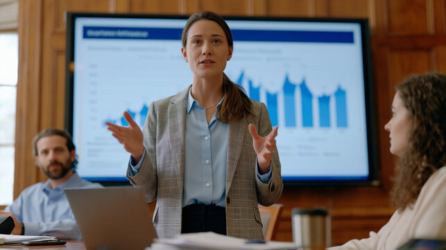 Diabetes pharmacy program coordinator presents quarterly patient outcomes data using a large printed infographic during a health system quality improvement committee meeting, glucose control metrics