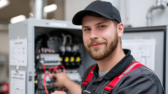 Electrical apprentice safely connecting wiring inside a control panel under supervision of a red-seal electrician, wire labels matching a schematic taped to the inside door, breaker torque specifica