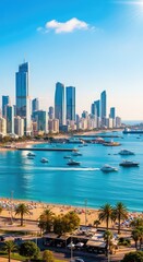 Obraz premium Coastal city skyline view with buildings and boats on the water against a blue sky