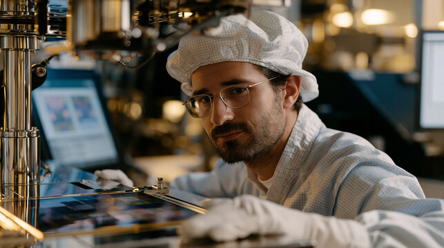 Photolithography technician aligning a reticle mask inside an extreme ultraviolet exposure tool inside a semiconductor fab, calibration targets visible on the alignment display, the machine's polish
