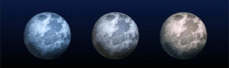 Fototapeta premium Realistic moon illustration with surface craters and lunar texture, 3d vector icons isolated on transparent background. Full size planets, blue, gray and yellow spheres for astronomy space projects
