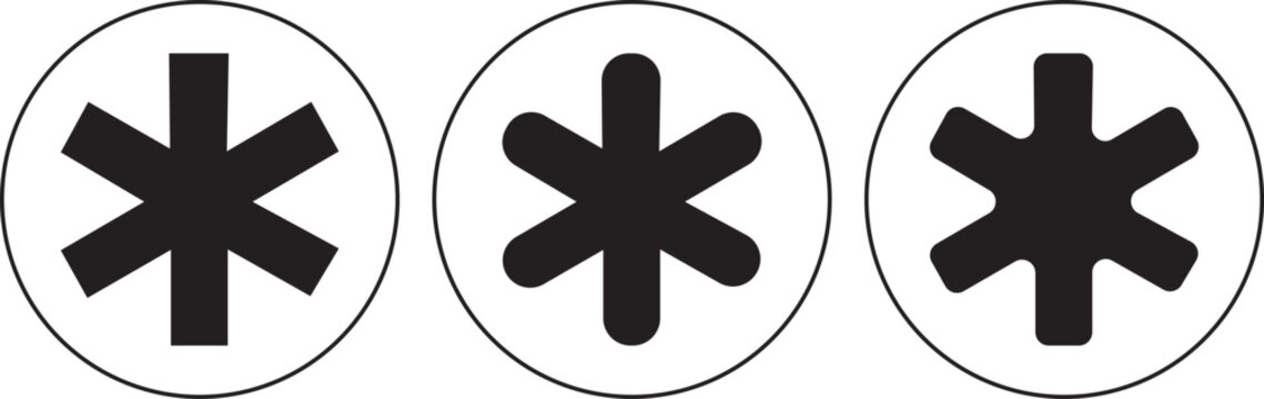 PrintTypographic asterisk icon set in circular outline featuring six pointed star shapes symbol 