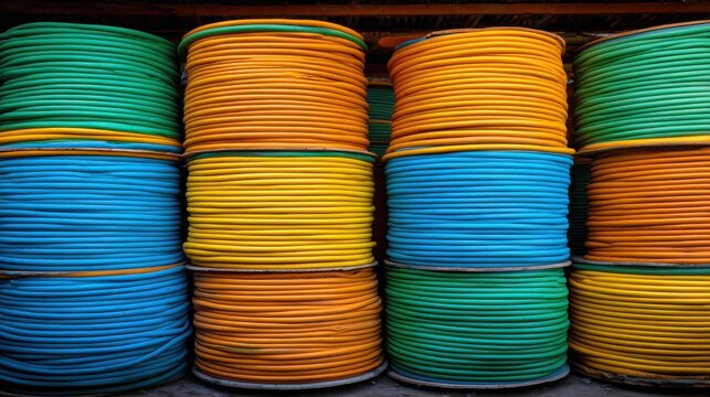 Stacked industrial spools of brightly colored electrical cable and wire ready for distribution