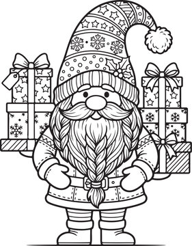 Christmas gnome coloring page, cute holiday dwarf with braided beard and tall patterned hat holding a stack of gift boxes, winter tomte line art illustration for kids, festive xmas coloring sheet