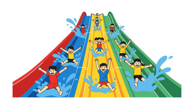 Aquatic Adventure: A vibrant illustration captures the exhilaration of children enjoying a multi-colored waterslide at a water park, with splashes of water adding to the fun