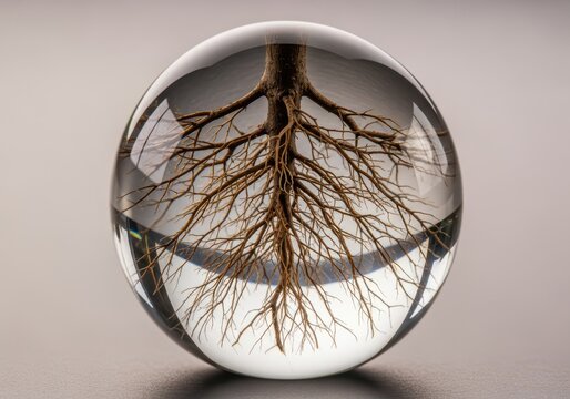 Tree roots encapsulated in a glass sphere, isolated on a gray background
