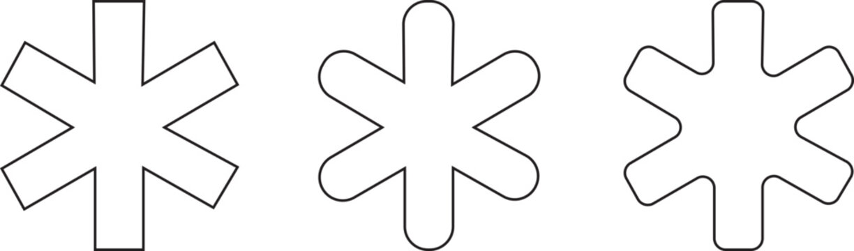PrintTypographic asterisk icon set in circular outline featuring six pointed star shapes symbol 