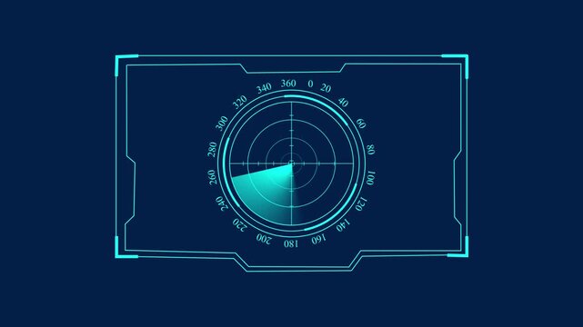 Futuristic radar interface screen showing digital sonar sweep motion on blue background for cyber navigation systems technology concept visualizing electronic surveillance tracking equipment.