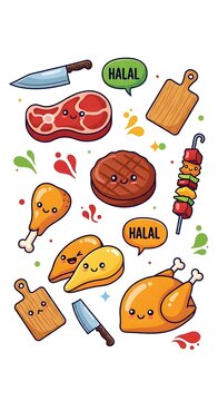 Kawaii halal meat and poultry sticker set with friendly faces