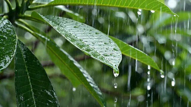 Closeup of Lush Green Leaves During a Refreshing Rainfall.