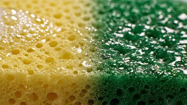 Closeup of water pouring onto a dualsided cleaning sponge.
