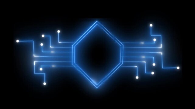 Abstract digital technology circuit board animation with glowing blue neon lines and energy pulses around central hexagon frame on black background suitable for modern scientific projects.