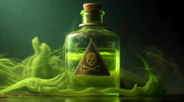 Green Poisonous Potion Bottle with Skull and Crossbones Label and Swirling Toxic Smoke in Dark Cinematic Laboratory Setting