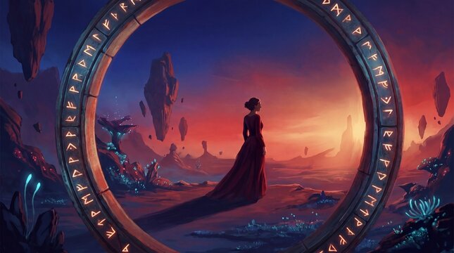Woman in flowing gown at ancient portal during sunset with floating islands and alien landscape