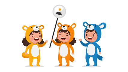 Fototapeta premium Costumed Fun: Three cheerful children in adorable animal costumes share a moment of playful joy, holding a sign with a frowning face amidst their bright outfits.