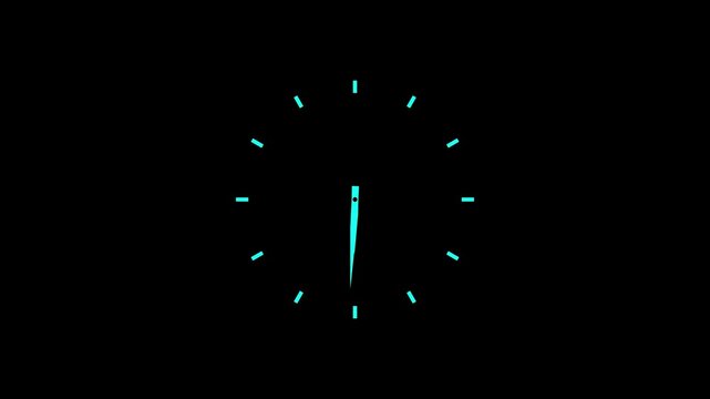 Clock icon showing time movement and real time indicator action. Twelve hours clock run. Hours appear on a black background, 4k video