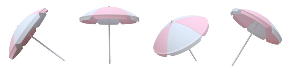 Vector set of realistic 3D rendered beach umbrella. Sun umbrella in soft pastel pink and white. Colorful striped parasol, sunshade shown from different angles and positions, isolated. © SorayaShan