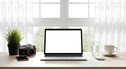 Fototapeta premium Laptop camera phone plant glass of water and coffee cup on desk