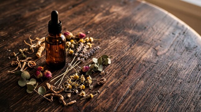 Amber Glass Dropper Bottle on Dark Rustic Wood for Wellness and Microdosing Editorial Concept