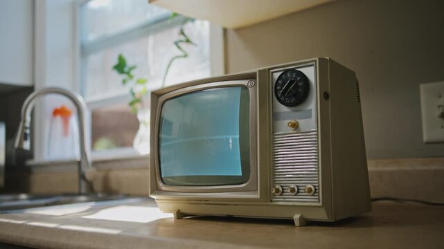 An old black and white television sits on a charming kitchen counter, showing grainy static. This retro gadget evokes feelings of nostalgia with its warm lighting and vintage decor