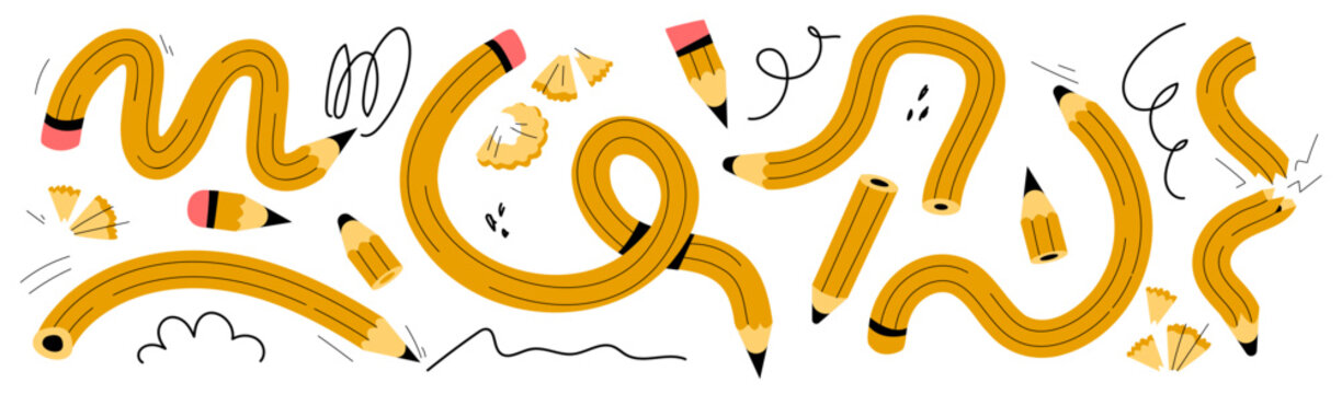 Doodle set of flexible school, office pencils with fun shapes, curves or knots isolated on white background. Vector illustration of cute color stationery for education, colorful tools for kids drawing