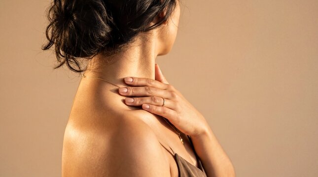 Latina Woman Bare Shoulder and Collarbone in Warm Studio Light for Minimalist Beauty Banner