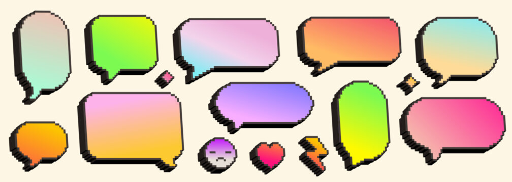 3d pixel speech bubbles, neon emotion icons for retro messenger design. Vector illustration set of empty isometric text clouds, sad face, heart and lightning, creative 90s style computer graphics