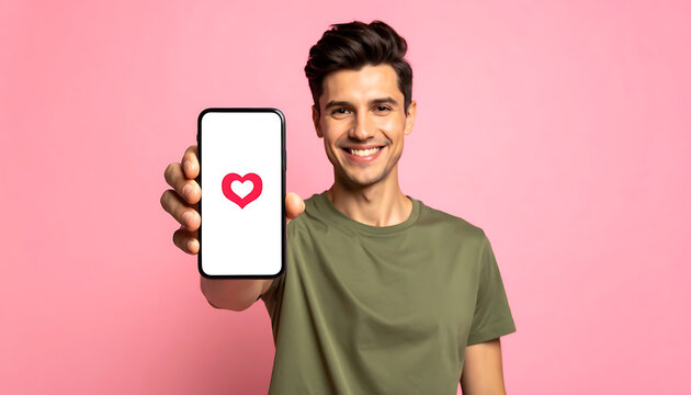 Smiling man holding up smartphone with heart icon on screen, showcasing dating app or social connection, isolated on pink background