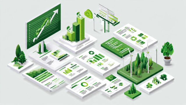 isometric data analysis with green charts graphs financial reports and growth indicators for business success