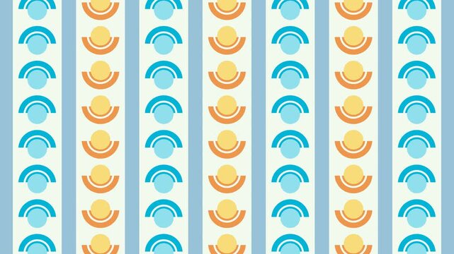 Seamless loop animation of an abstract Bauhaus geometric pattern on blue and orange stripes moving up and down smoothly in a vertical layout grid system