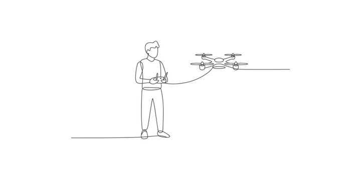 A man operating a drone with a remote control in a simple line drawing style on white background