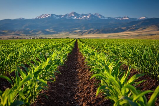 Pastoral Colorado field scene: orderly corn rows against a dramatic mountain backdrop