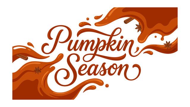 Pumpkin Season Calligraphy: The words Pumpkin Season are elegantly rendered in a cursive font, surrounded by swirling autumnal flavors and spice accents, perfect for fall promotions.