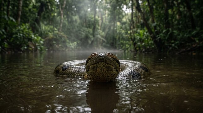 A massive anaconda partially hidden in the dark, murky waters of a lush tropical jungle river, observing its surroundings intently