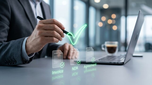 Businessman digitally signing electronic document with glowing green checkmark on laptop in modern office