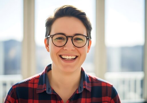 Portrait of a young person with glasses, smiling broadly, wearing a red and black plaid shirt, with a bright, blurred background