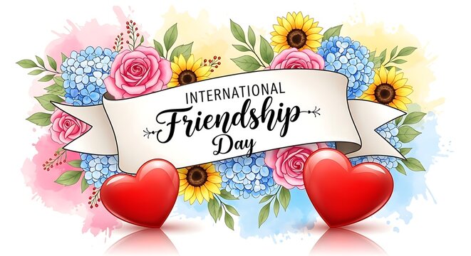 Beautiful international friendship day banner with watercolor flowers and two red heart symbols.