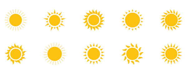 Various styles yellow sun icon isolated on white background. Vector sun icon perfect for weather apps, summer themes, travel graphics, UI elements. © Snap Smith