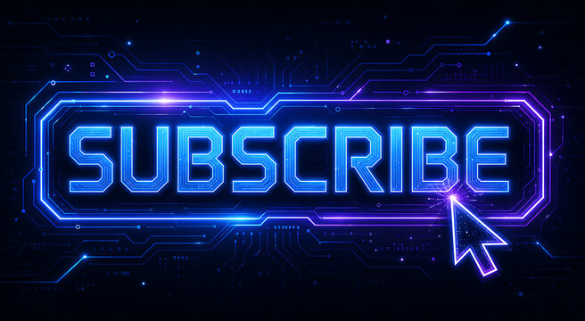 A glowing blue and purple neon subscribe button with a cursor is on a black circuit background.