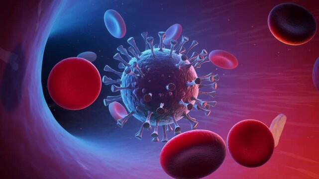 Close up 3d animation of virus particle surrounded by red blood cells moving in bloodstream