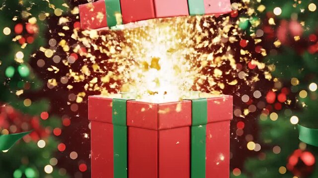 Magical Christmas Gift Box Explodes with Sparkles and Lights.