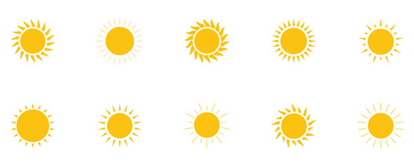 Various styles yellow sun icon isolated on white background. Vector sun icon perfect for weather apps, summer themes, travel graphics, UI elements. © Snap Smith