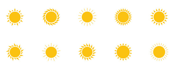 Various styles yellow sun icon isolated on white background. Vector sun icon perfect for weather apps, summer themes, travel graphics, UI elements. © Snap Smith