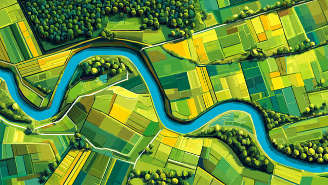 Aerial view of vibrant green agricultural fields with winding blue river and patches of farmland for sustainable farming and rural landscape